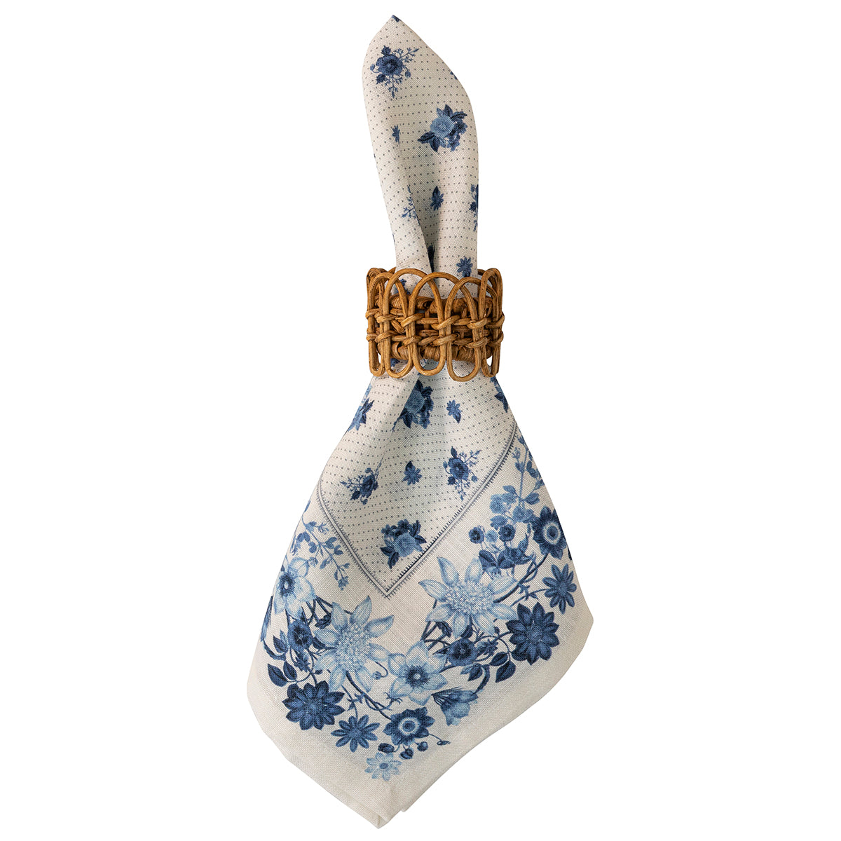 A white napkin with a blue floral pattern, neatly folded and tied with a gold metal ring holder, shown against a plain white background.