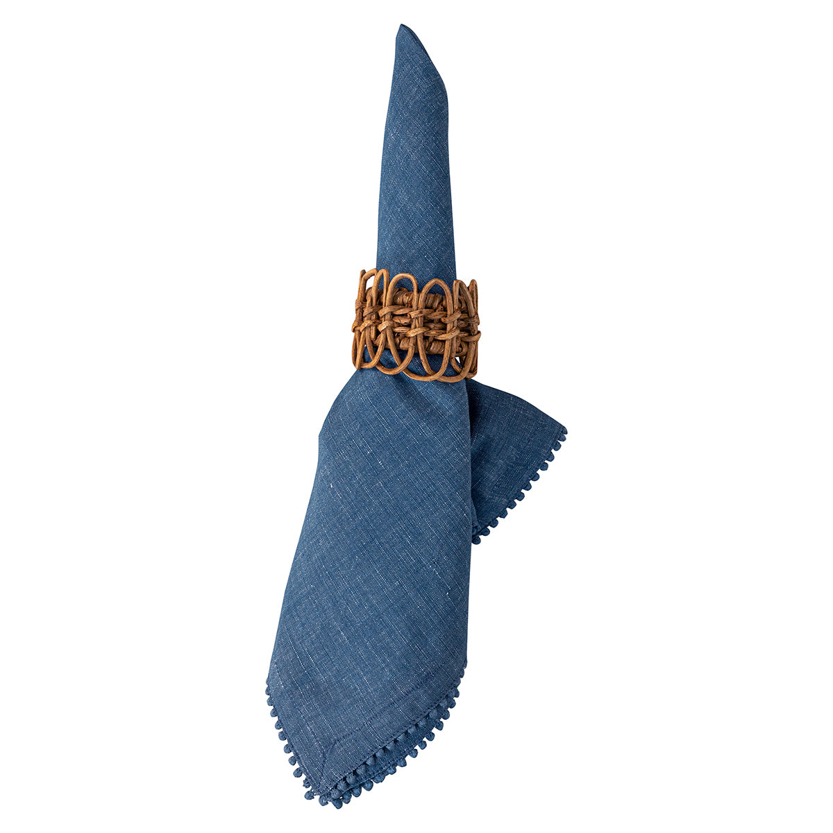 A folded blue linen napkin with scalloped edges, secured with a woven brown ring, shown on a plain white background.