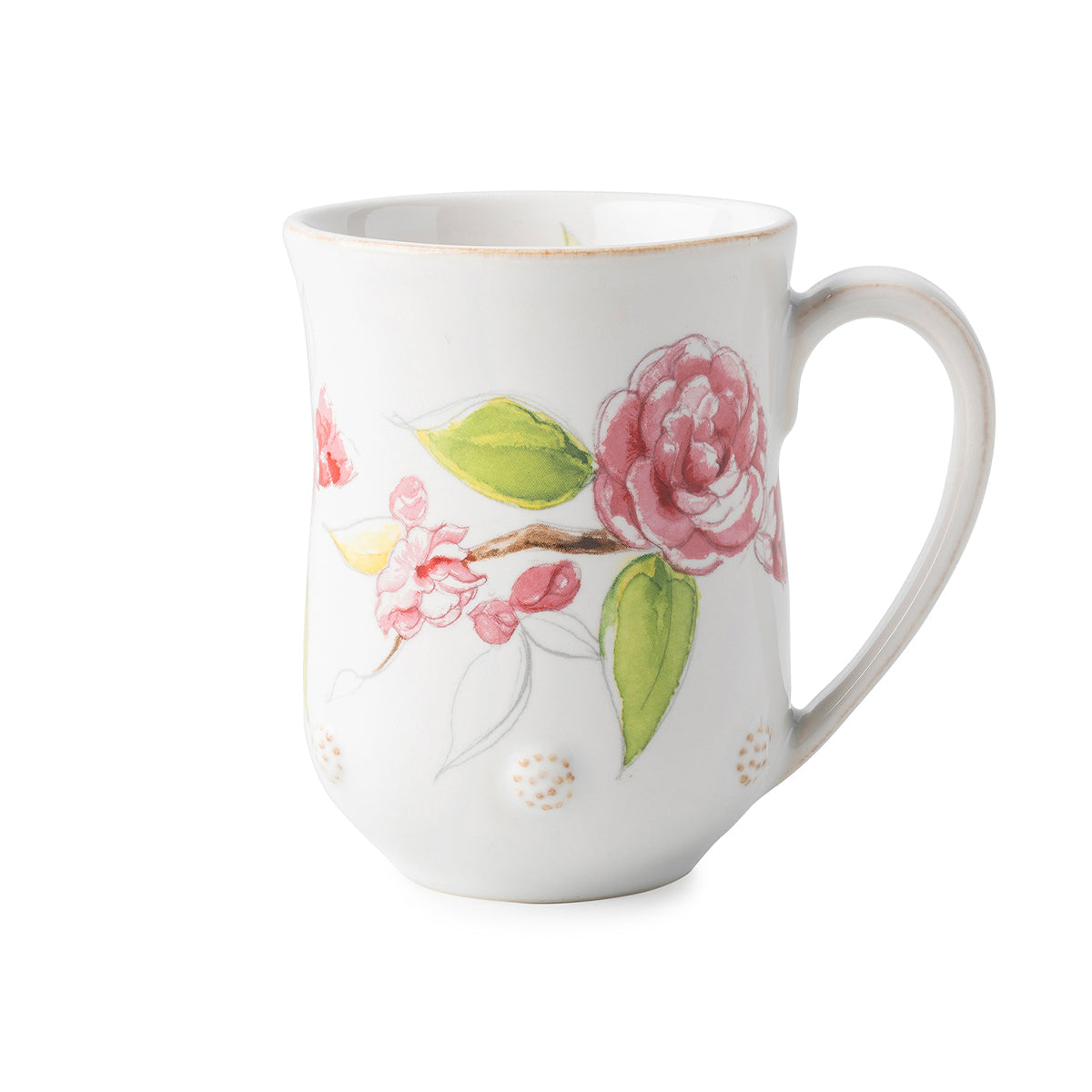 White mug with a painted camellia design.