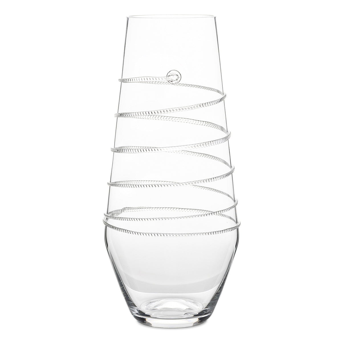 A clear glass vase with a spiral ribbed pattern wrapped around its body, shown on a solid white background.