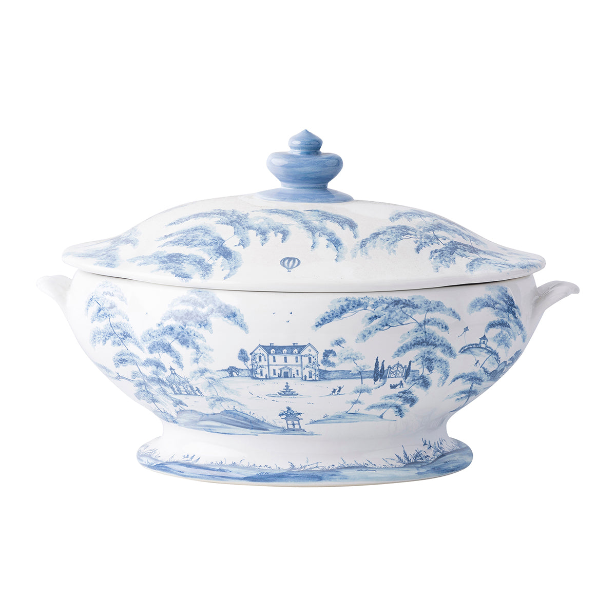 From our Country Estate Collection- As an unforgettable wedding gift or a showstopper for your own table, this covered tureen is as picturesque as it is oven-to-table practical. Sweeping vistas of the Main House adorn the exterior, while a scene of the Garden Conservatory graces the interior basin - making this intricately detailed vessel feel like an heirloom piece.