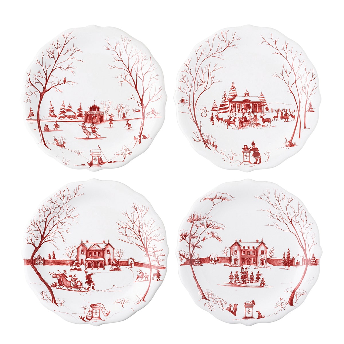 Country Estate Winter Frolic Party Plates Set/4 - Ruby