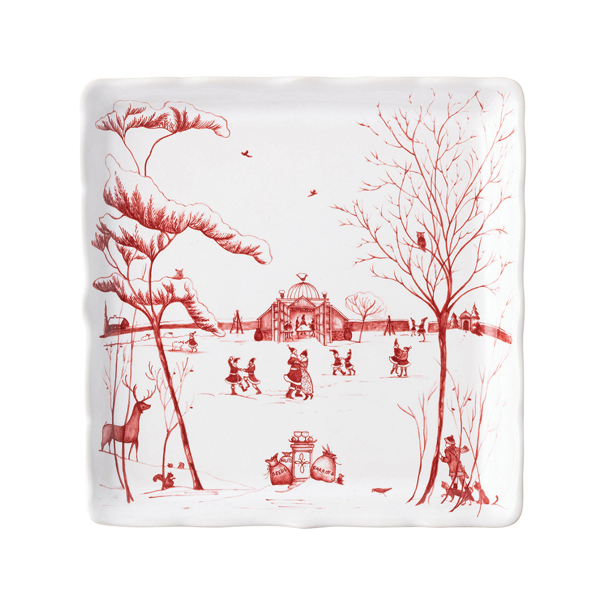 Our charming English Country Estate is snow covered for the holidays! In this latest chapter of the estate at Christmastime, Santa &amp; Merry celebrate with all the North Pole inhabitants. This square sweets tray features an illustration of the Claus' and elves dancing together outside the Conservatory.