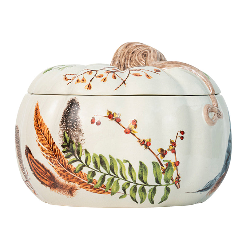 With a creamy café au lait background and artistic scattering of our Forest Walk motif, these lidded pumpkins capture the rich natural beauty of the season. Fill with everything from soups and sides to festive candies or found acorns to display. Our favorite detail? That gorgeously curling tendril of a stem on top. The sculptural pumpkins are earthenware, therefore perfect for décor and serving, but not for cooking.