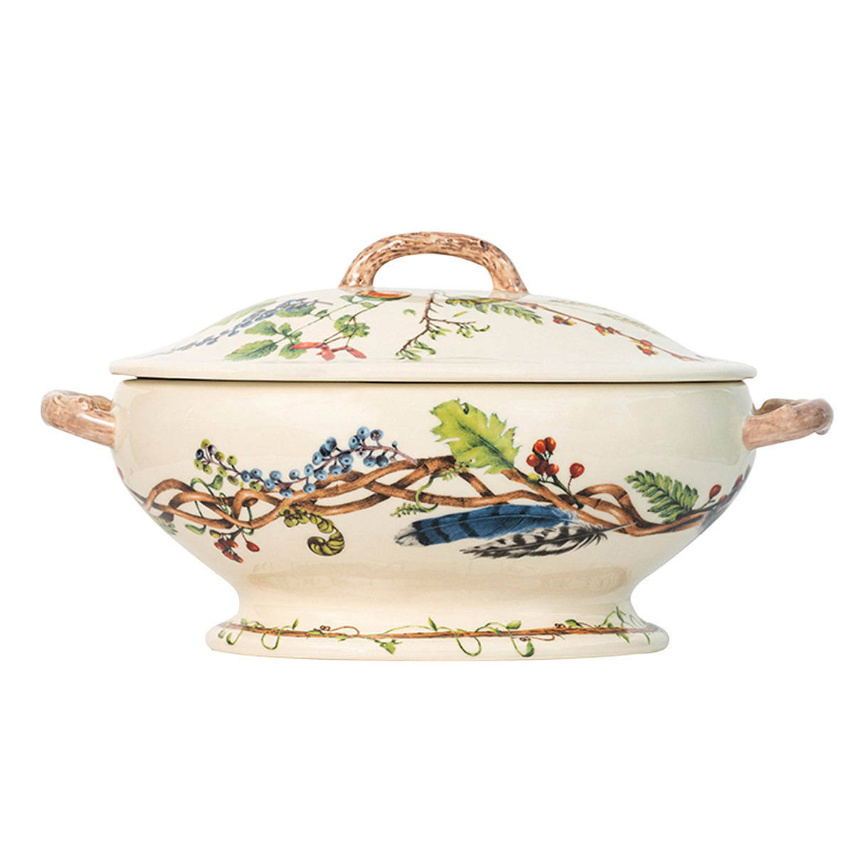 Abundantly scaled to serve a crowd, this bountifully sized, lidded tureen is a stunning showstopper to grace any table. With faux-wooden handles and our painterly forest floor motif, oohs and aahs of admiration are sure to accompany your best gameday stew or Thanksgiving stuffing.