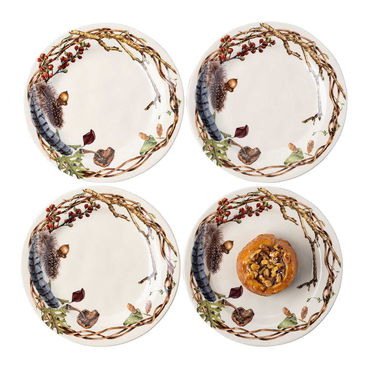 From our Forest Walk Collection- Rustic organic elements like twigs and acorns, festoon the borders of these plates in a rich color palette of gorgeously tangled elegance - creating an irresistible display for nibbles, tidbits, and gourmet pleasures.