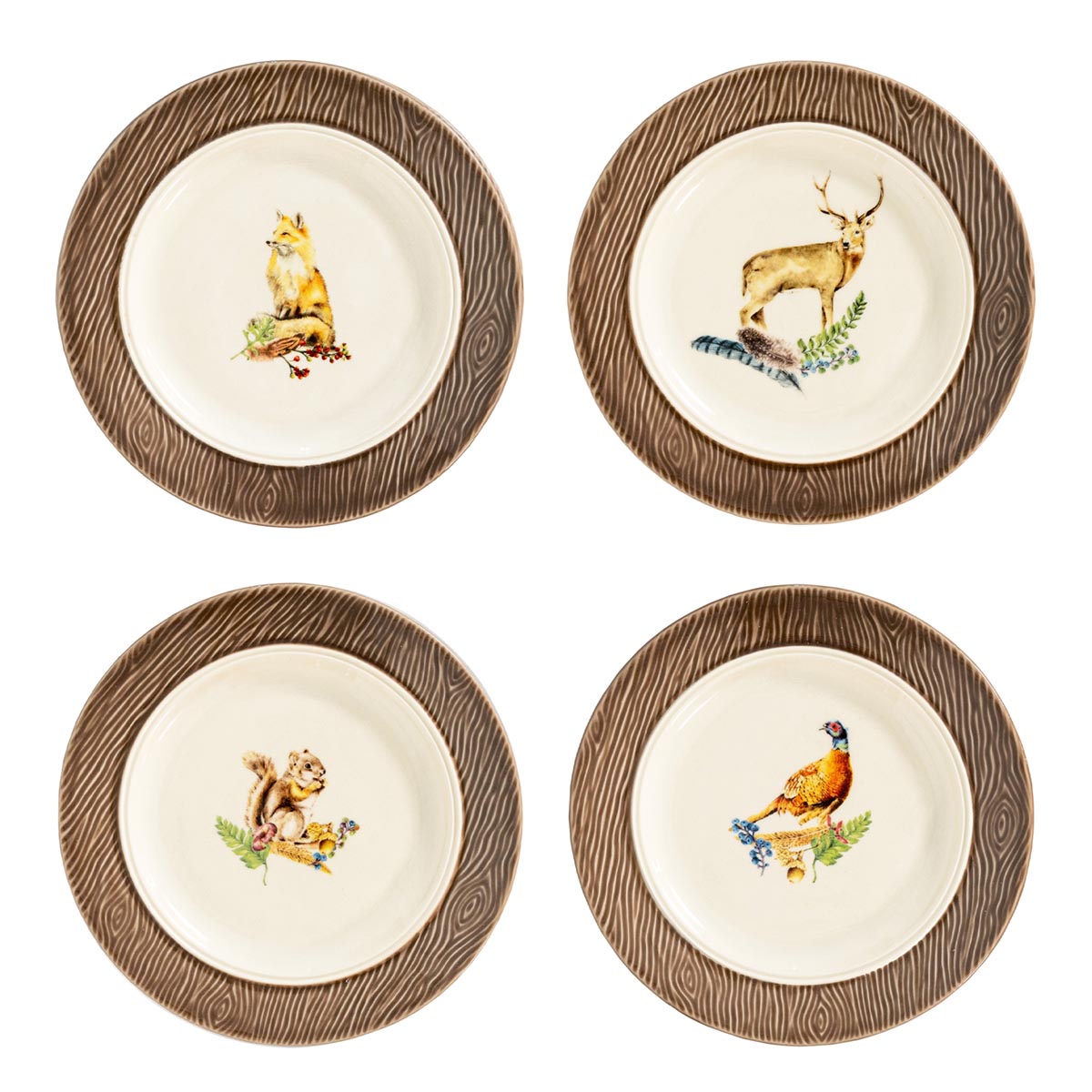 This set of four cocktail plates features a stately stag, regal pheasant, thoughtful fox, and charming squirrel, and is designed to complement your existing Forest Walk dinnerware.
