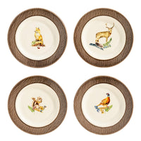 This set of four cocktail plates features a stately stag, regal pheasant, thoughtful fox, and charming squirrel, and is designed to complement your existing Forest Walk dinnerware.