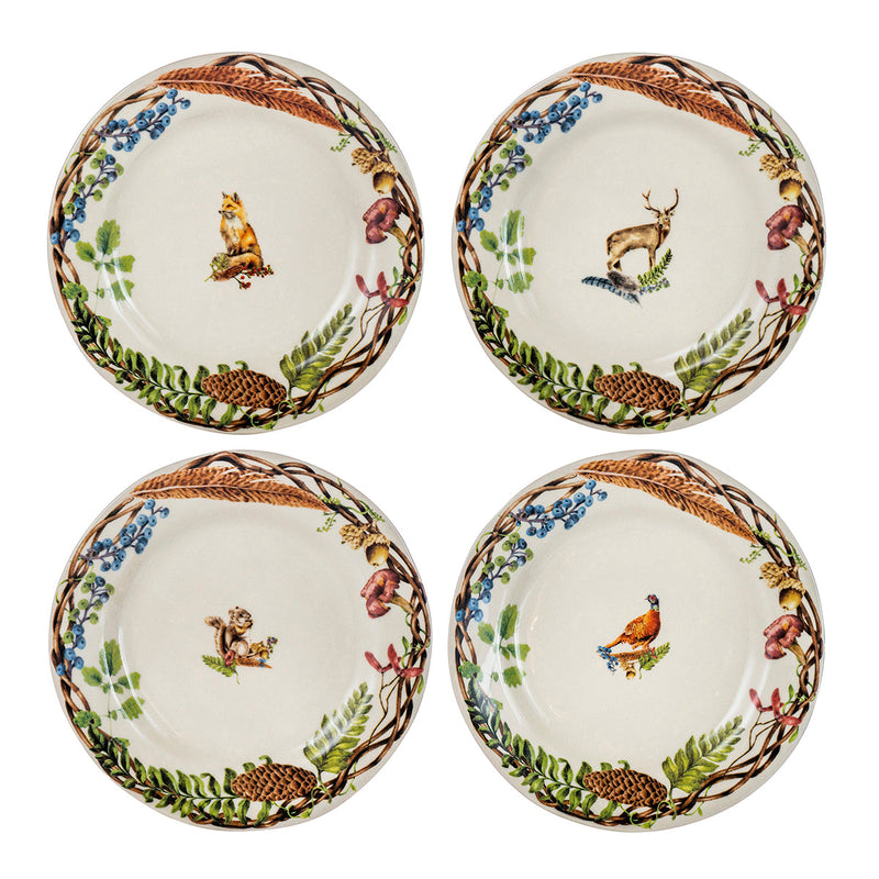 Celebrating the bounty of friends and abundant fare at harvest time, we’ve invited four new guests to our Autumn table! Upon a set of four dessert/salad plates from our cherished Forest Walk collection, a stately stag, regal pheasant, thoughtful fox, and charming squirrel are featured within the confines of our painterly Fall border. 