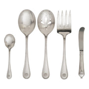 Set of silver flatware including spoons, fork, and knife on a white background