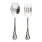 A silver-colored metal spoon and matching dinner fork with decorative handles, shown side-by-side on a plain white background.