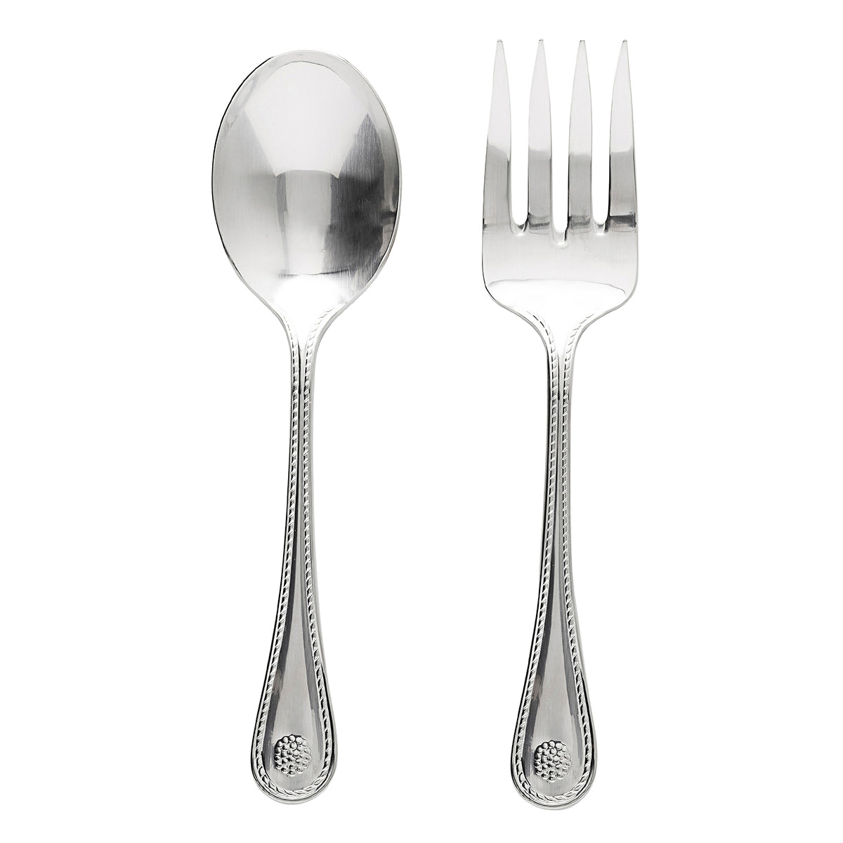 A silver-colored metal spoon and matching dinner fork with decorative handles, shown side-by-side on a plain white background.