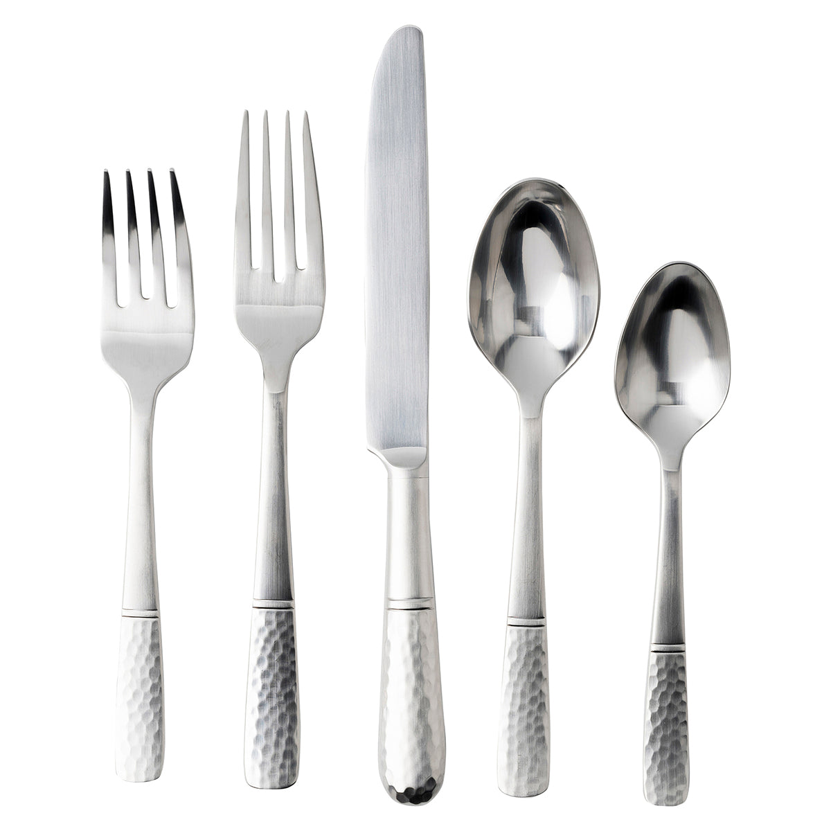 Set of silver cutlery with textured handles on a white background