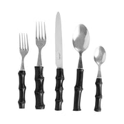 A 5-piece stainless steel cutlery set with black bamboo-patterned handles, including a fork, dinner fork, knife, soup spoon, and teaspoon, displayed against a plain white background.