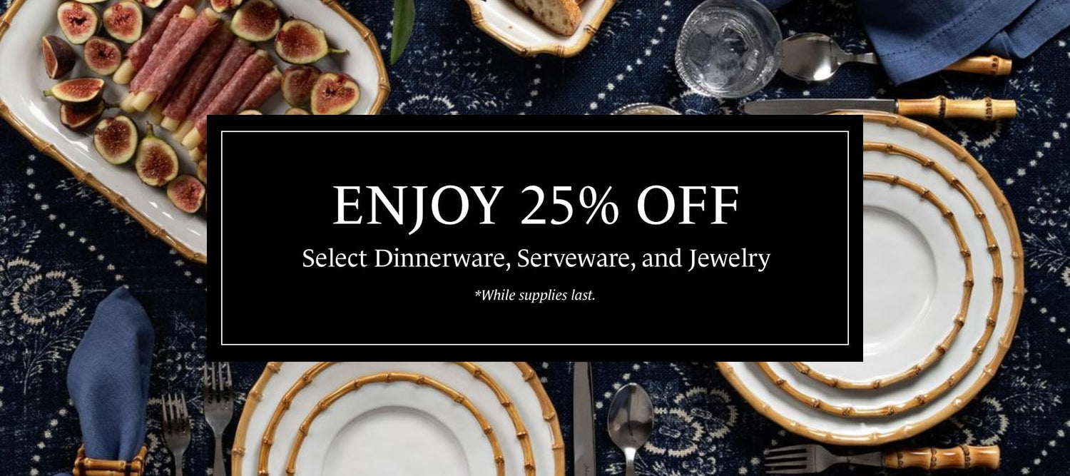 Dinnerware set with promotional text overlay for 25% off.