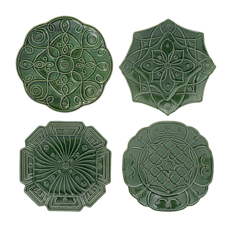 Lavish detailing of our iconic berries and threads on majestic shapes herald this party plate set. Each plate pays homage to four of the world’s most beautiful gardens - Landriana in Italy, Villandry in France, Alcazar in Spain, and Heligan in England - and is dressed up in an exclusive green glaze.