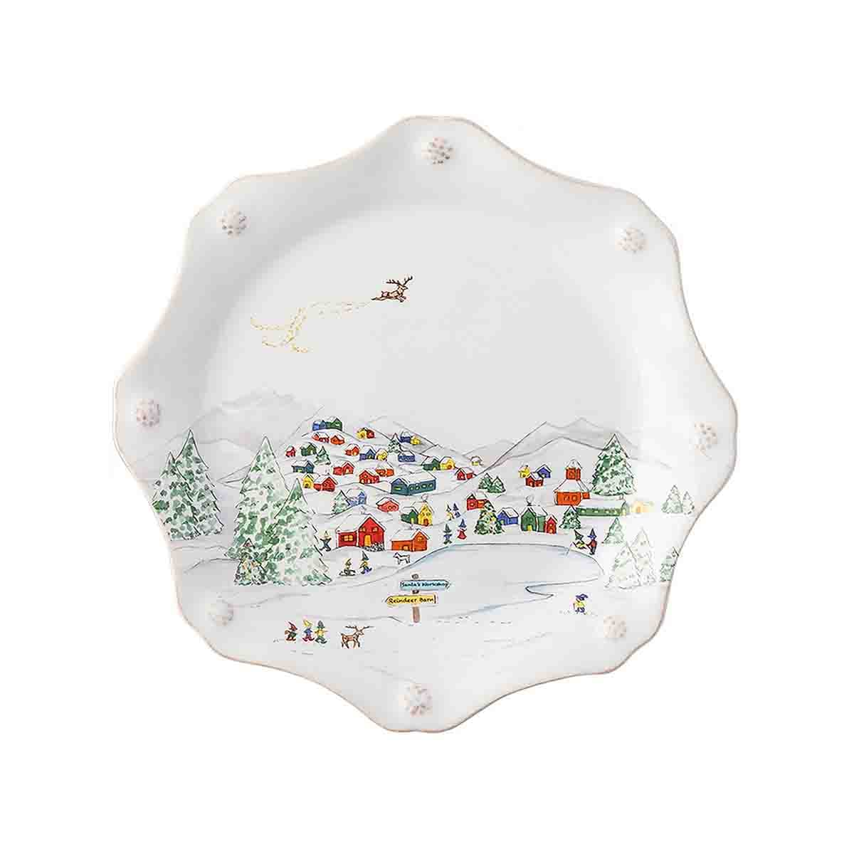 The magical world of the North Pole is illustrated atop our iconic Berry & Thread scalloped salad plate. Enjoy our whimsical depiction of the Elves Village, complete with Rudolph flying overhead. 