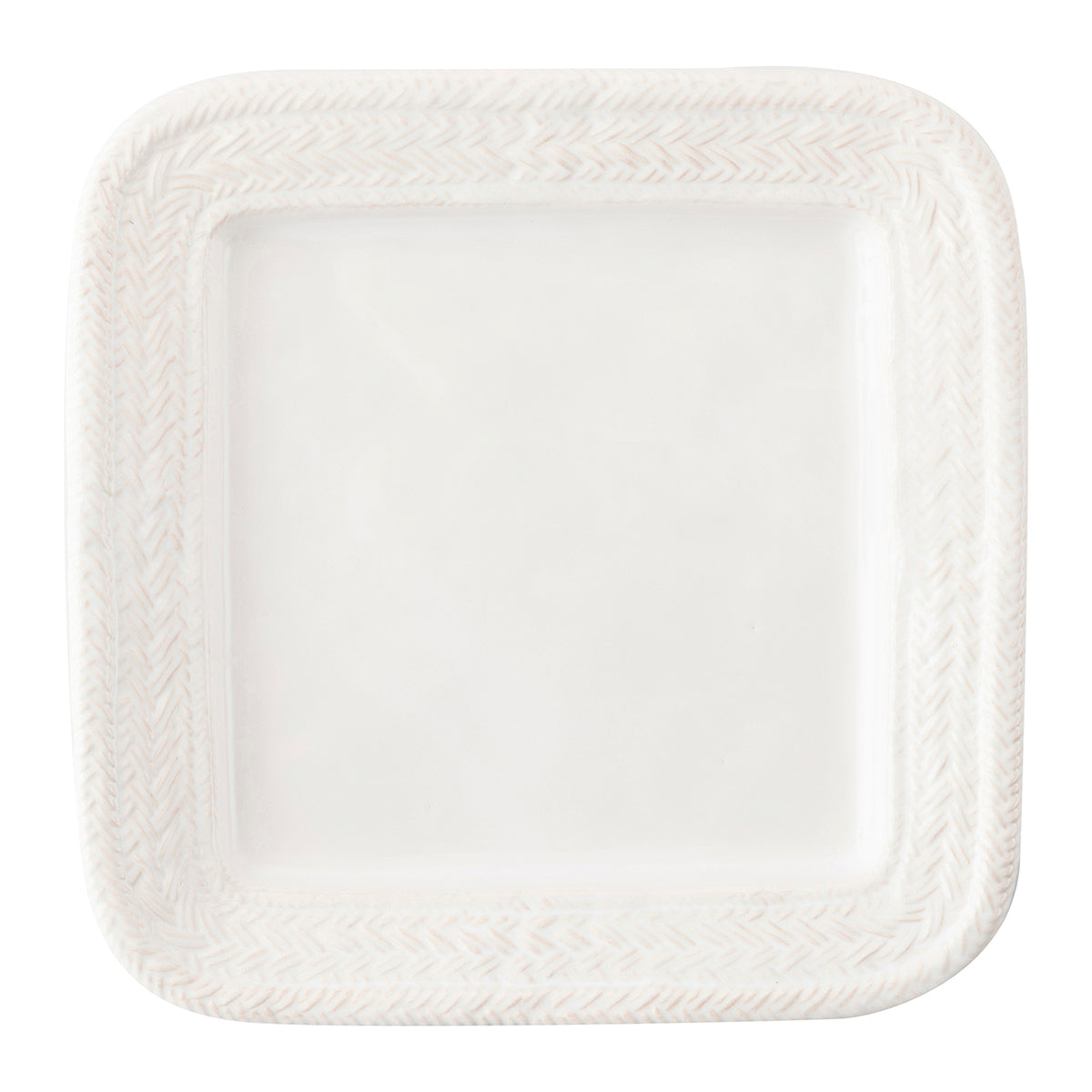 A square white ceramic plate with rounded corners and a textured, woven herringbone pattern around the rim, shown against a plain white background.