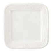 A square white ceramic plate with rounded corners and a textured, woven herringbone pattern around the rim, shown against a plain white background.