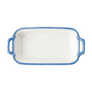 A rectangular white ceramic baking pan with a blue rope-style handle and rim, shown from a top-down view on a white background.