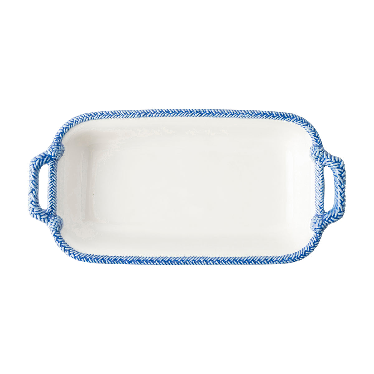 A rectangular white ceramic baking pan with a blue rope-style handle and rim, shown from a top-down view on a white background.