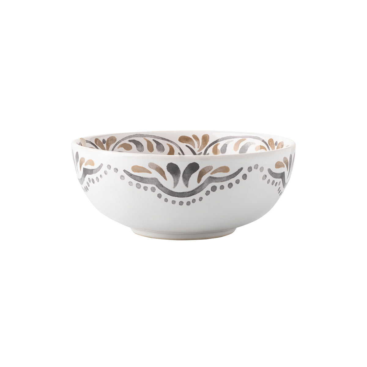 A journey to the sandy Iberian coast inspired this Iberian Journey motif. We've reinterpreted this region's hand-painted tiles in a neutral color palette of sand, stones and earth onto key accent pieces such as this cereal/ice cream bowl.
