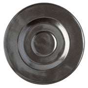 A dark gray ceramic plate with a matte textured finish and concentric circular ridges, shown from a top-down perspective on a white background.