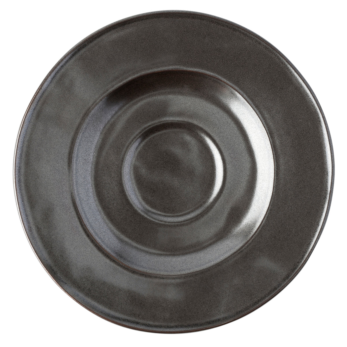 A dark gray ceramic plate with a matte textured finish and concentric circular ridges, shown from a top-down perspective on a white background.