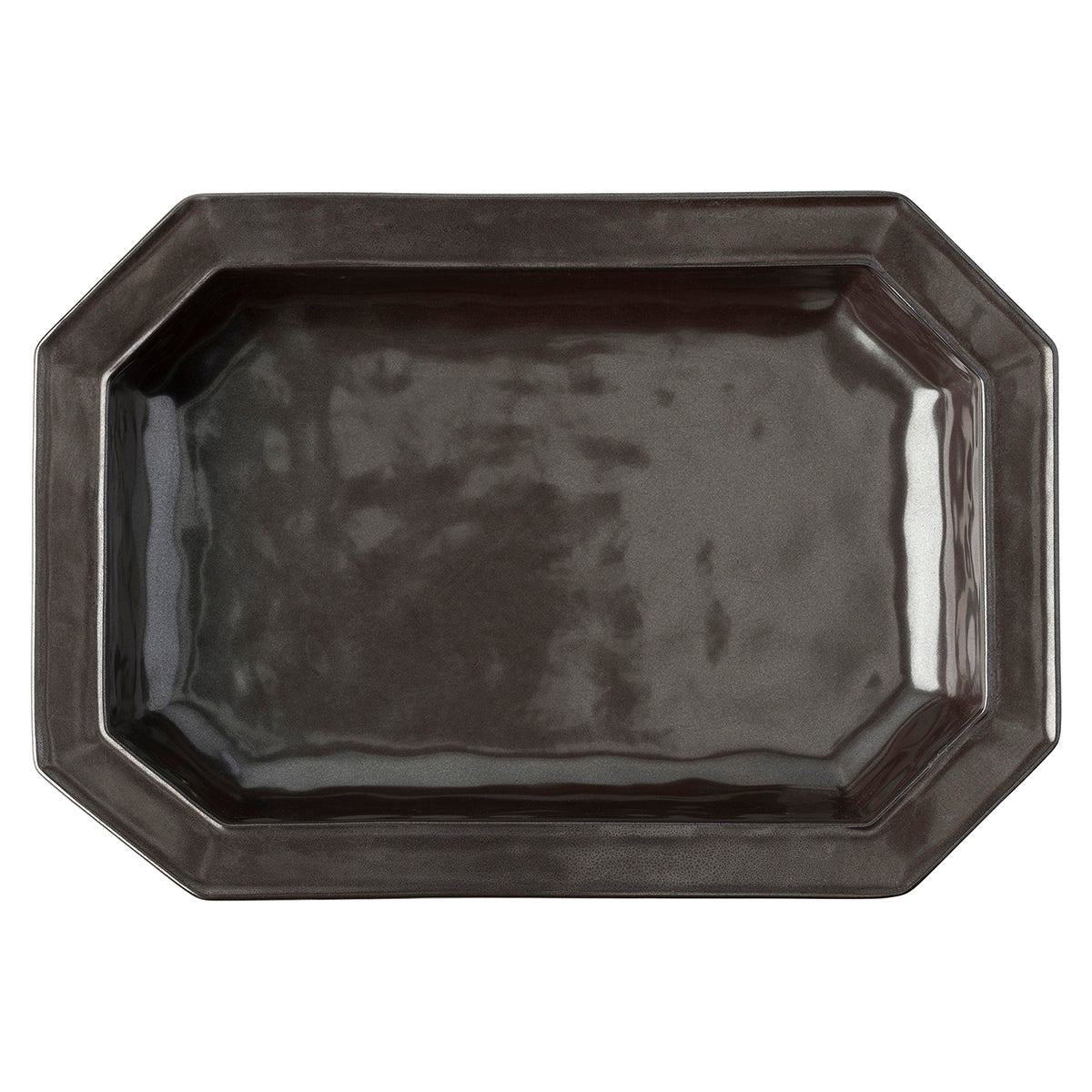 A dark brown rectangular ceramic serving platter with a glossy finish and a subtle hammered texture, shown from a top-down view on a white background.