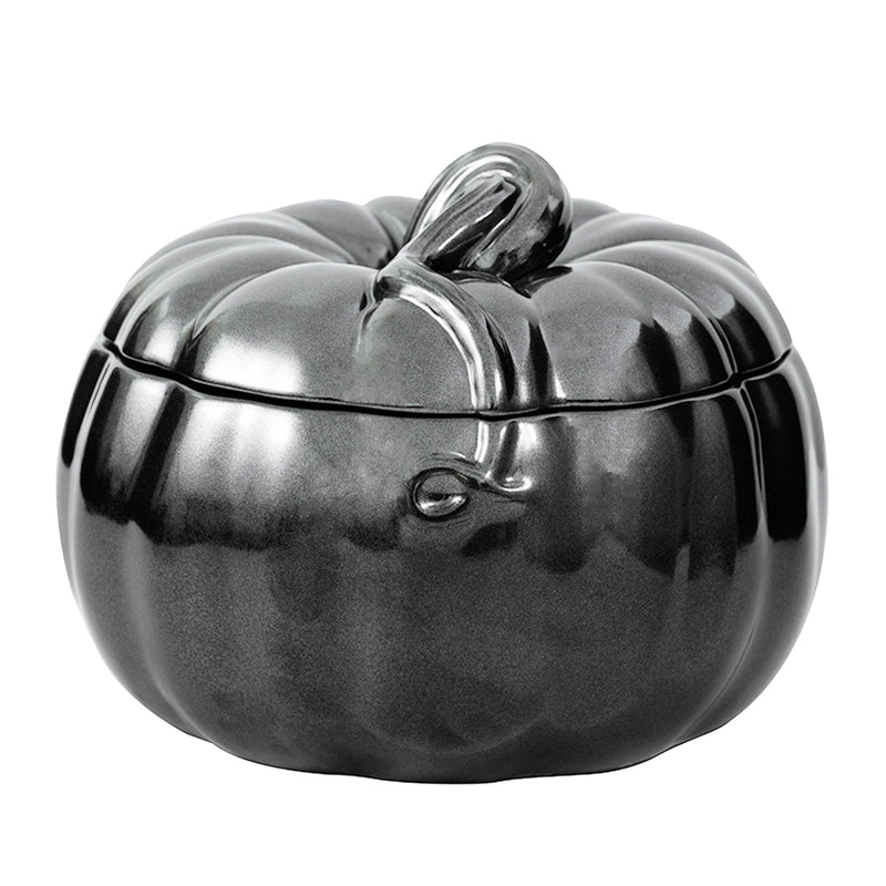 Like the bewitching light of a full harvest moon upon midnight waters, our pewter glazed pumpkins gleam with a lustrous polished finish that combines past romance with cool modernism. Equally enchanting for serving your best bubbling soups fresh off the cauldron to your coziest autumn stews. 