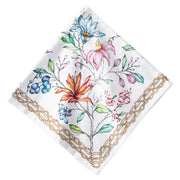 A square white napkin featuring a colorful watercolor-style floral print and a decorative gold chain border, shown on a plain white background.