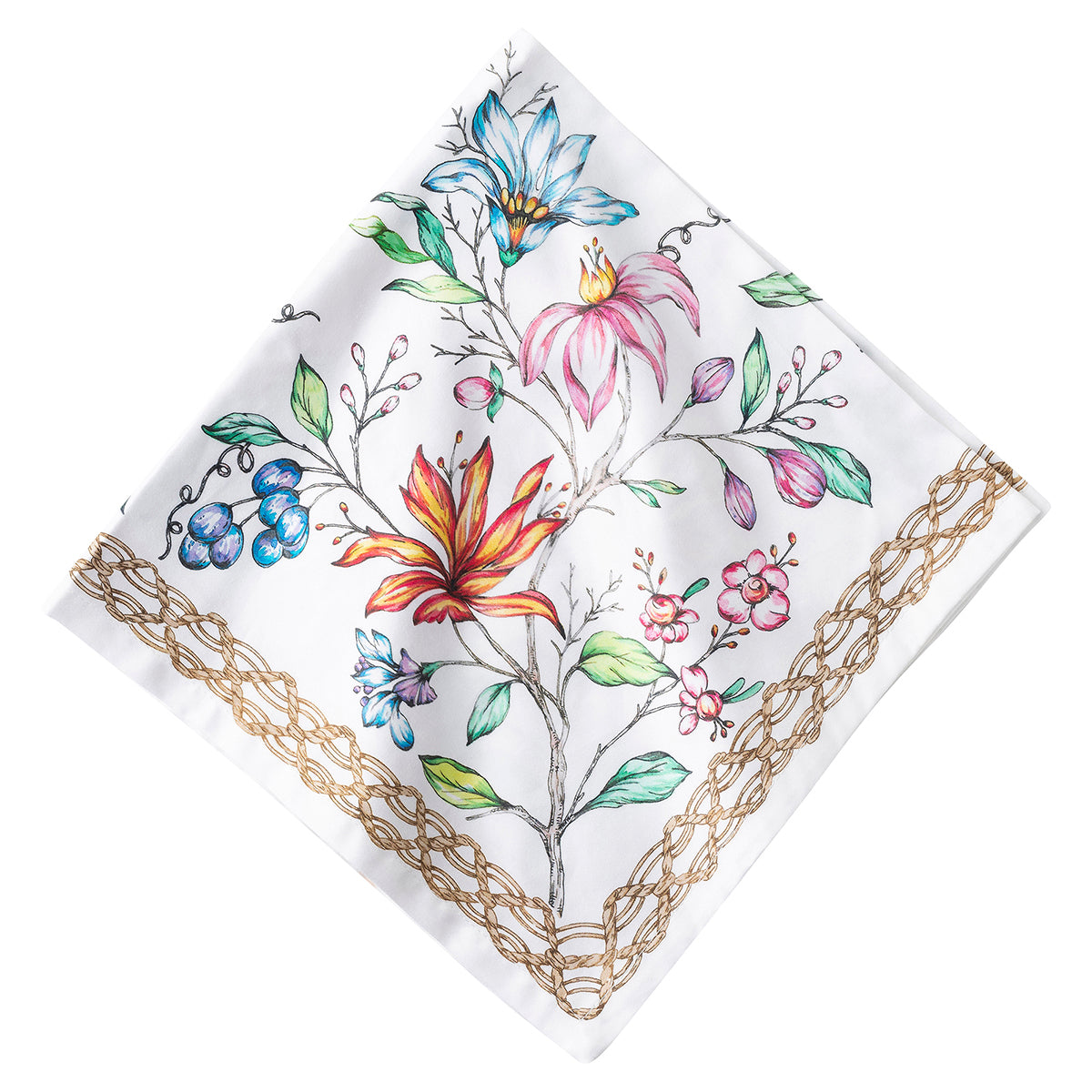 A square white napkin featuring a colorful watercolor-style floral print and a decorative gold chain border, shown on a plain white background.