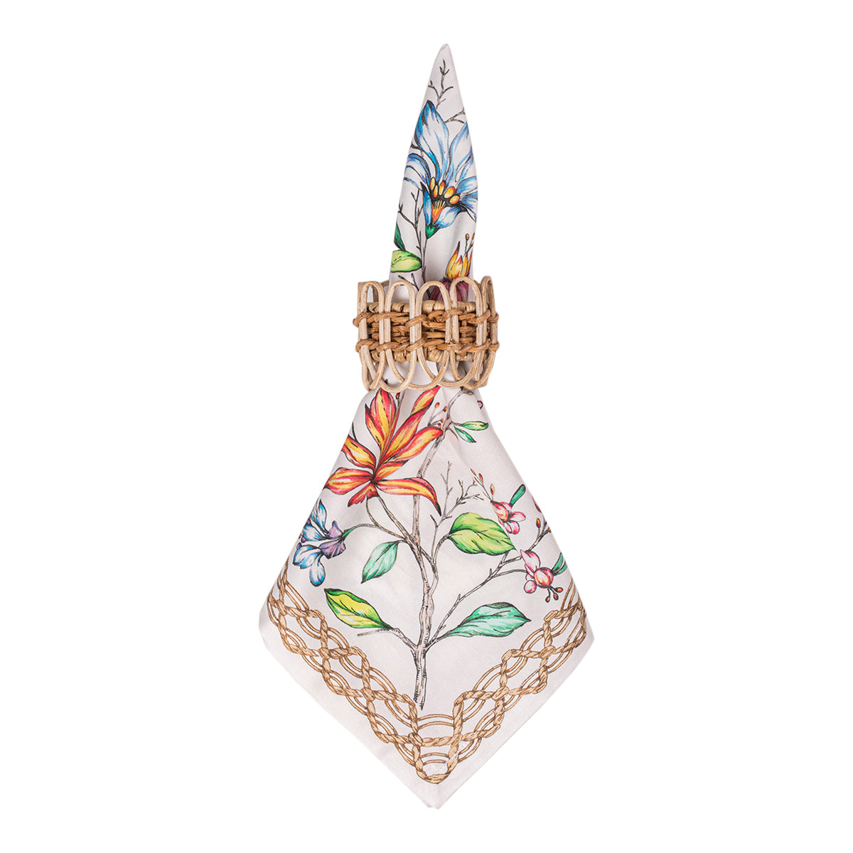Decorative napkin with floral design and gold accents on a white background