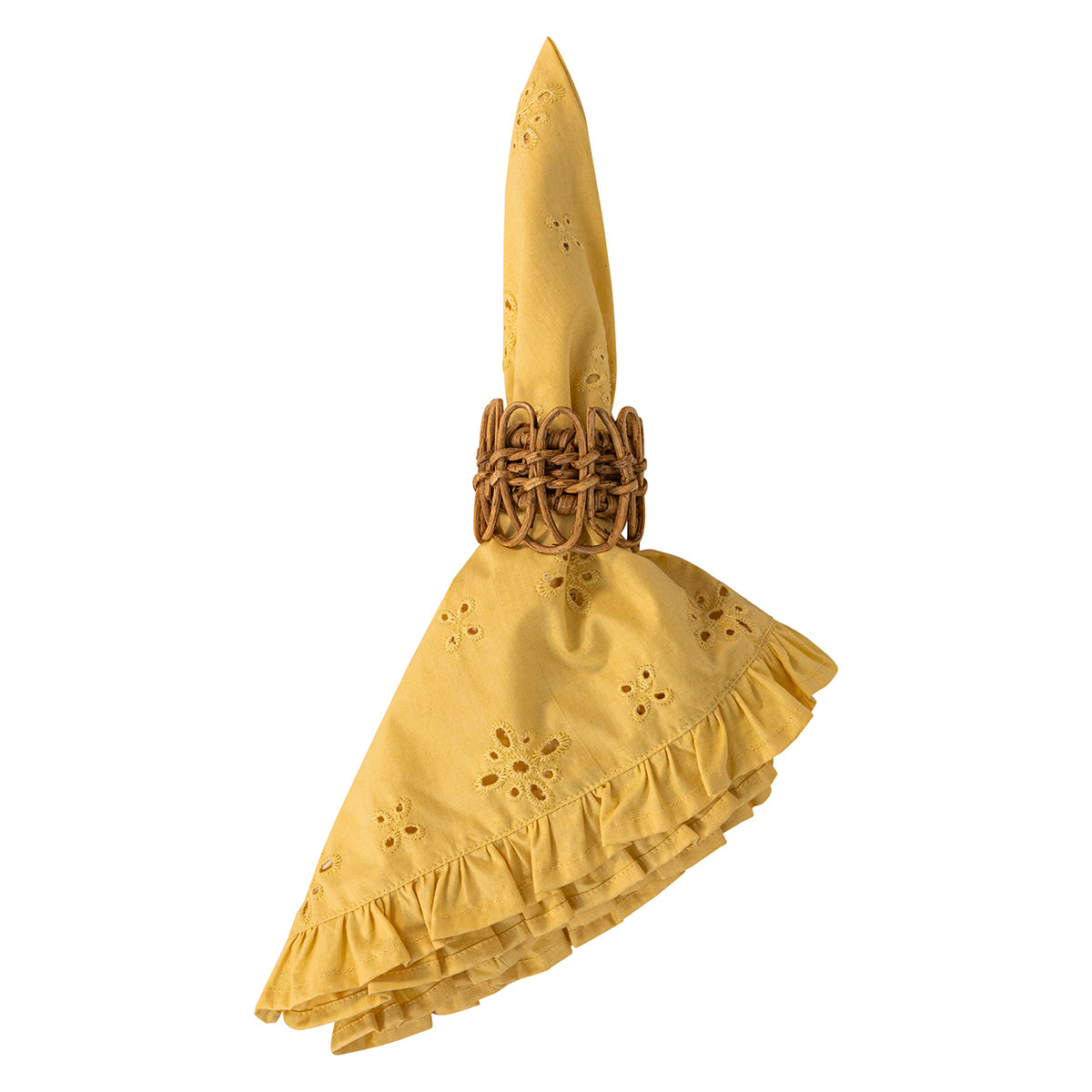 A yellow eyelet cotton napkin folded into a cone and secured with a brown woven napkin ring, shown against a plain white background.