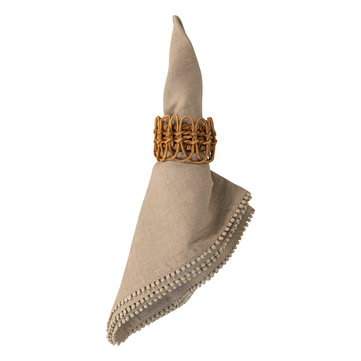 A beige linen napkin folded into a cone shape and held at the top by a brown woven ring, shown on a plain white background.