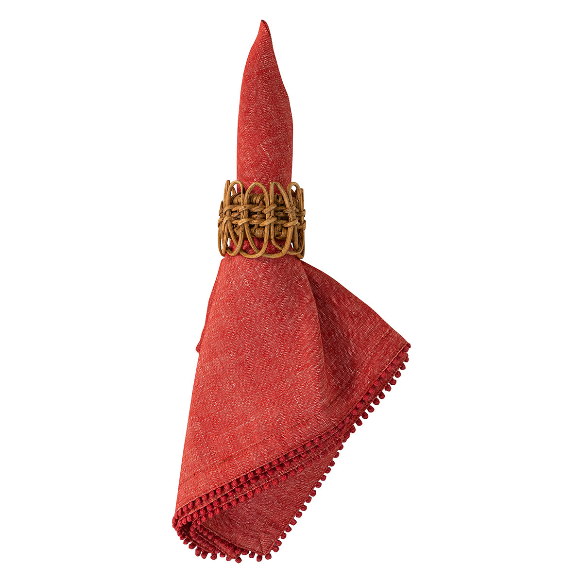 A folded red linen napkin with a pointed tip and fringed edges, secured with a woven gold metal ring, shown on a plain white background.