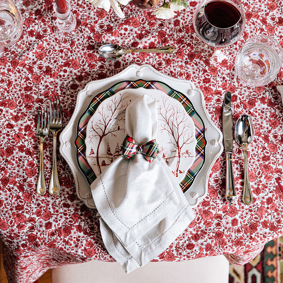 Heirloom Whitewash Linen Napkin with Country Estate Winter Frolic and Stewart Tartan dinnerware.