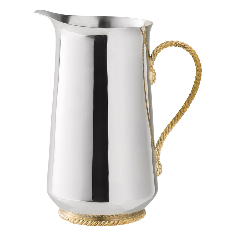 A streamlined silver pitcher is accented with warm and textural gold braiding to create a serving piece that lends a splash of elegance to both formal and casual occasions - from ice cold water for a holiday feast to sangria for an alfresco summer supper by the sea.