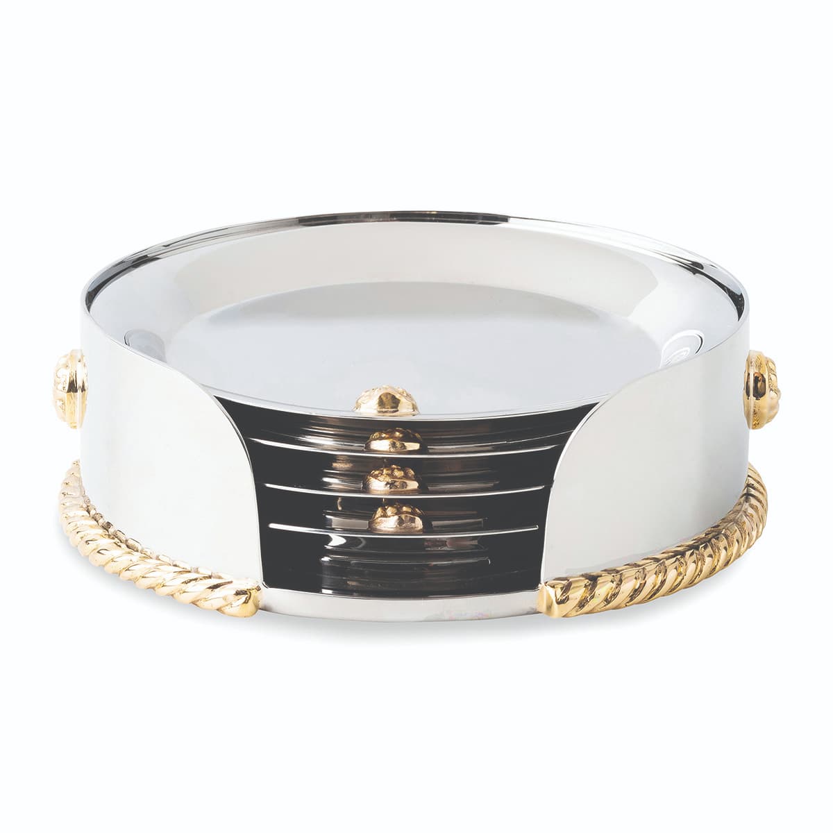 Sculpturally accented with our iconic berries and threads in lustrous brass, our Periton collection is handmade in stainless steel and polished to brilliance. This coaster set features a stainless-steel base that accommodates a wine bottle and four stainless steel coasters that nest inside, each accented with a single gold berry.