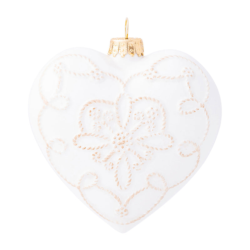 Believe in the magic of love! Festooned with iconic Berry & Thread motifs in signature whitewash glaze, this lightweight ceramic ornament is a heartfelt addition to your holiday decoration this year. Arrange a few of them throughout the tree for a loving holiday statement. Lovely on your Christmas tree or showcased on an elegant Berry & Thread ornament stand, each ornament comes gift boxed and accompanied by a Juliska signature keepsake charm.
