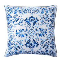 Printed with inky hues of traditional Portuguese tiles and an all over motif as seen on our Iberian Journey dinnerware pieces, this pillow would make a happy addition to any room. Stuffed with 10% down and 90% feather fill.