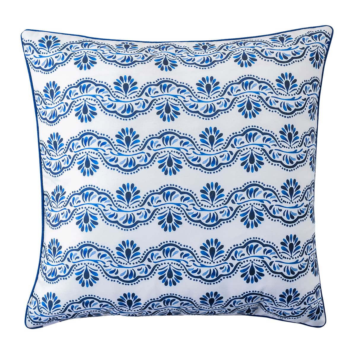 Printed with inky hues of traditional Portuguese tiles and an all over motif as seen on our Iberian Journey dinnerware pieces, this pillow would make a happy addition to any room. Stuffed with 10% down and 90% feather fill.