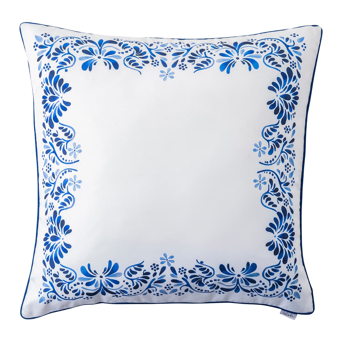 <p>Rimmed in a beautiful cobalt border with motifs from our Iberian Journey dinnerware pieces, this pillow would make a lovely statement on a living room couch or on a guest room bed. Stuffed with 10% down and 90% feather fill.</p>