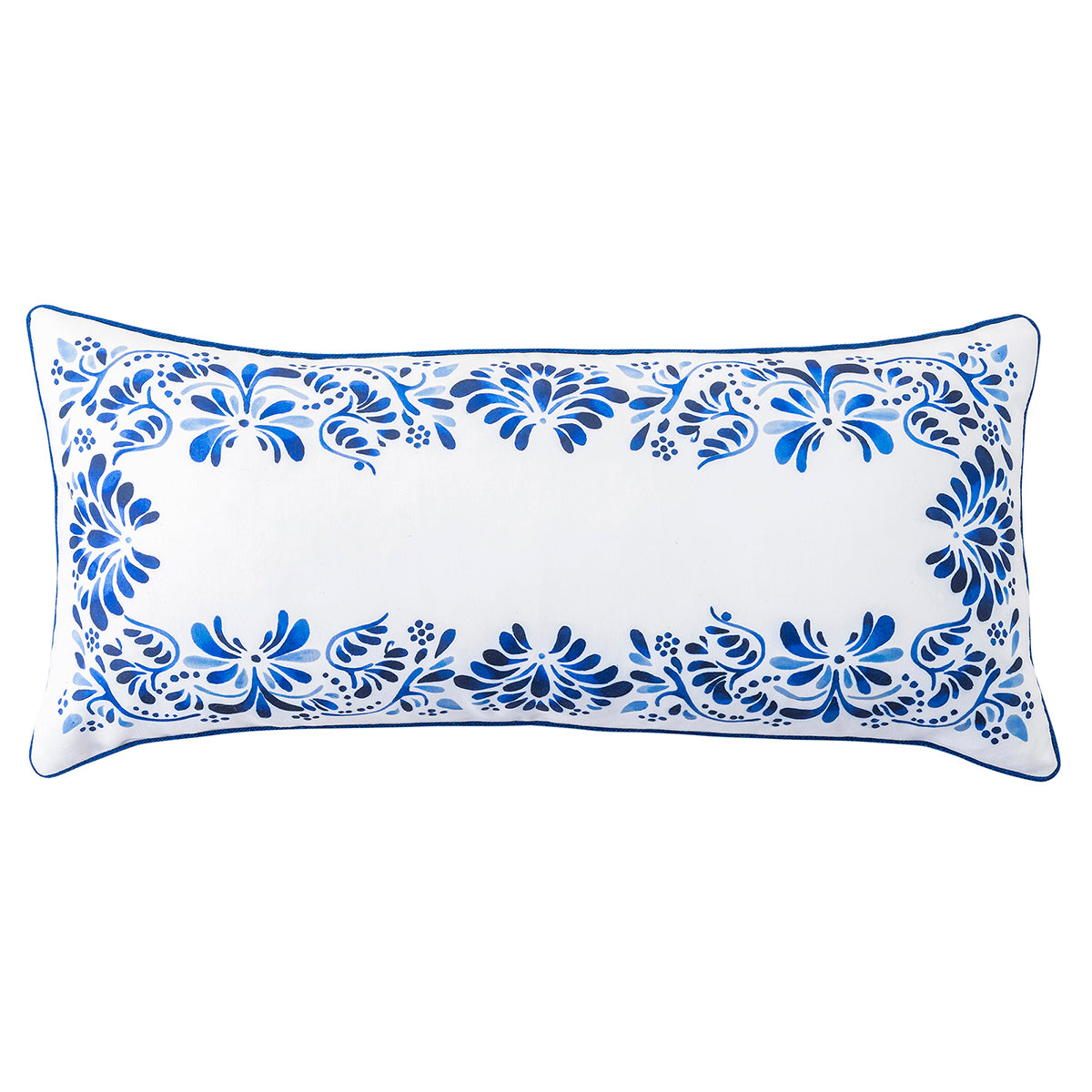Rimmed in a beautiful cobalt border with motifs from our Iberian Journey dinnerware pieces, this lumbar pillow would look lovely nestled on a living room couch or as a finishing touch to a master bedroom. 