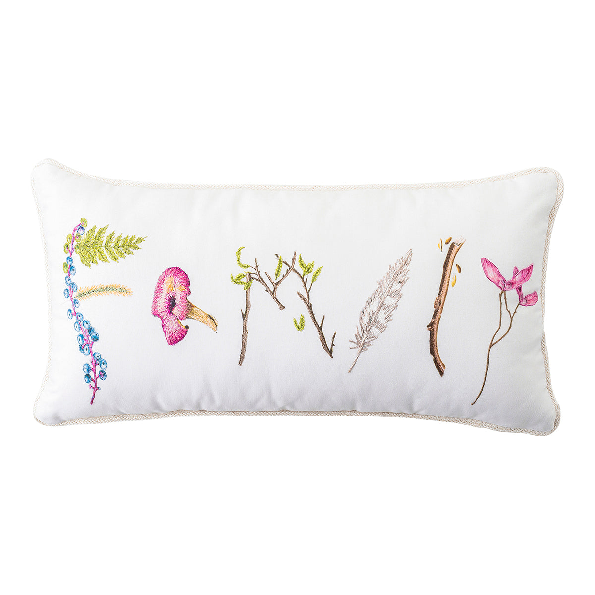 Featuring intricate embroidery to spell out one of our favorite sentiments of Family, our new collection of Forest Walk pillows are beautifully printed in vibrant colors and decorated with found treasures from the forest floor. Stuffed with 10% down and 90% feather fill.
