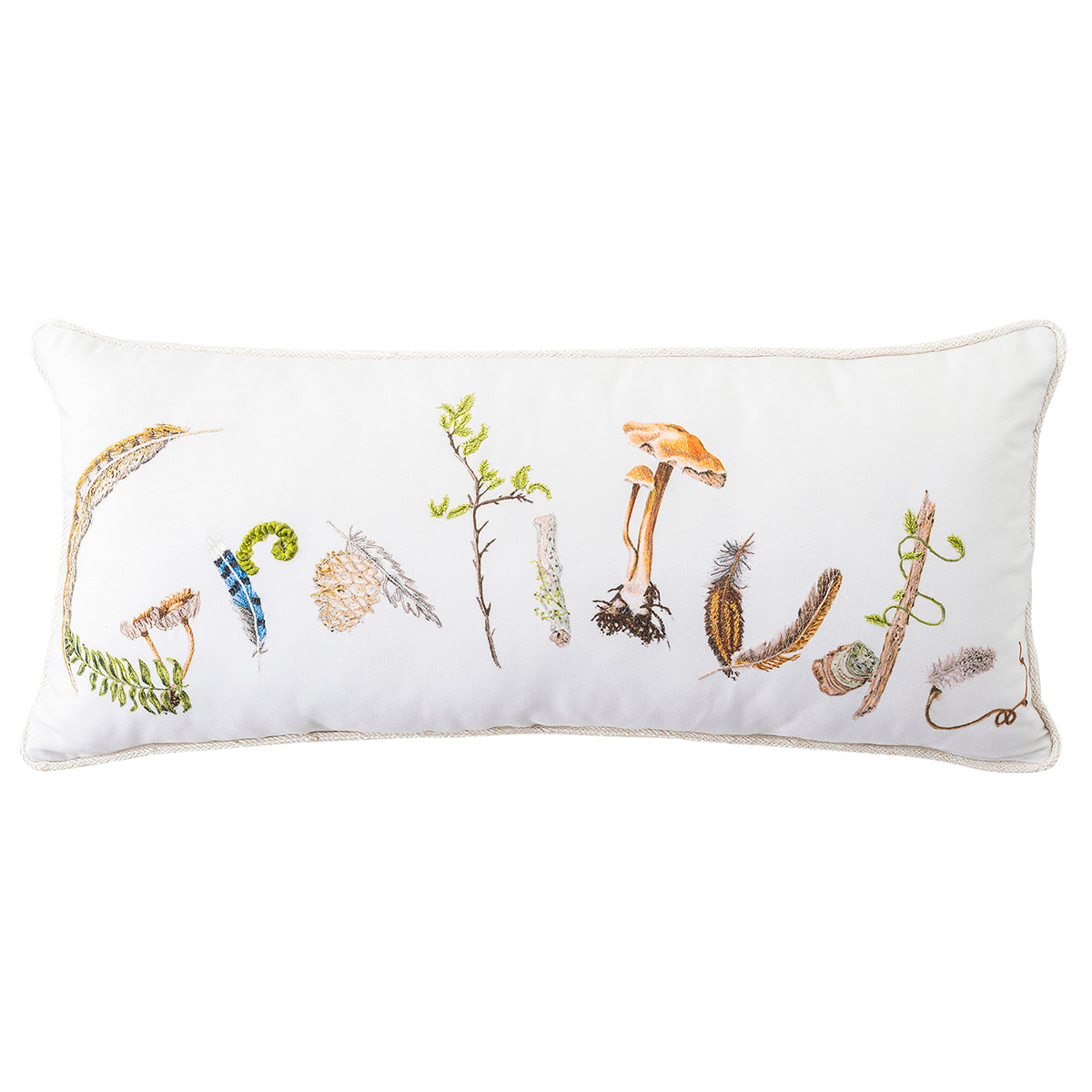 Featuring intricate embroidery to spell out one of our favorite sentiments of Gratitude, our new collection of Forest Walk pillows are beautifully printed in vibrant colors and decorated with found treasures from the forest floor. Stuffed with 10% down and 90% feather fill.