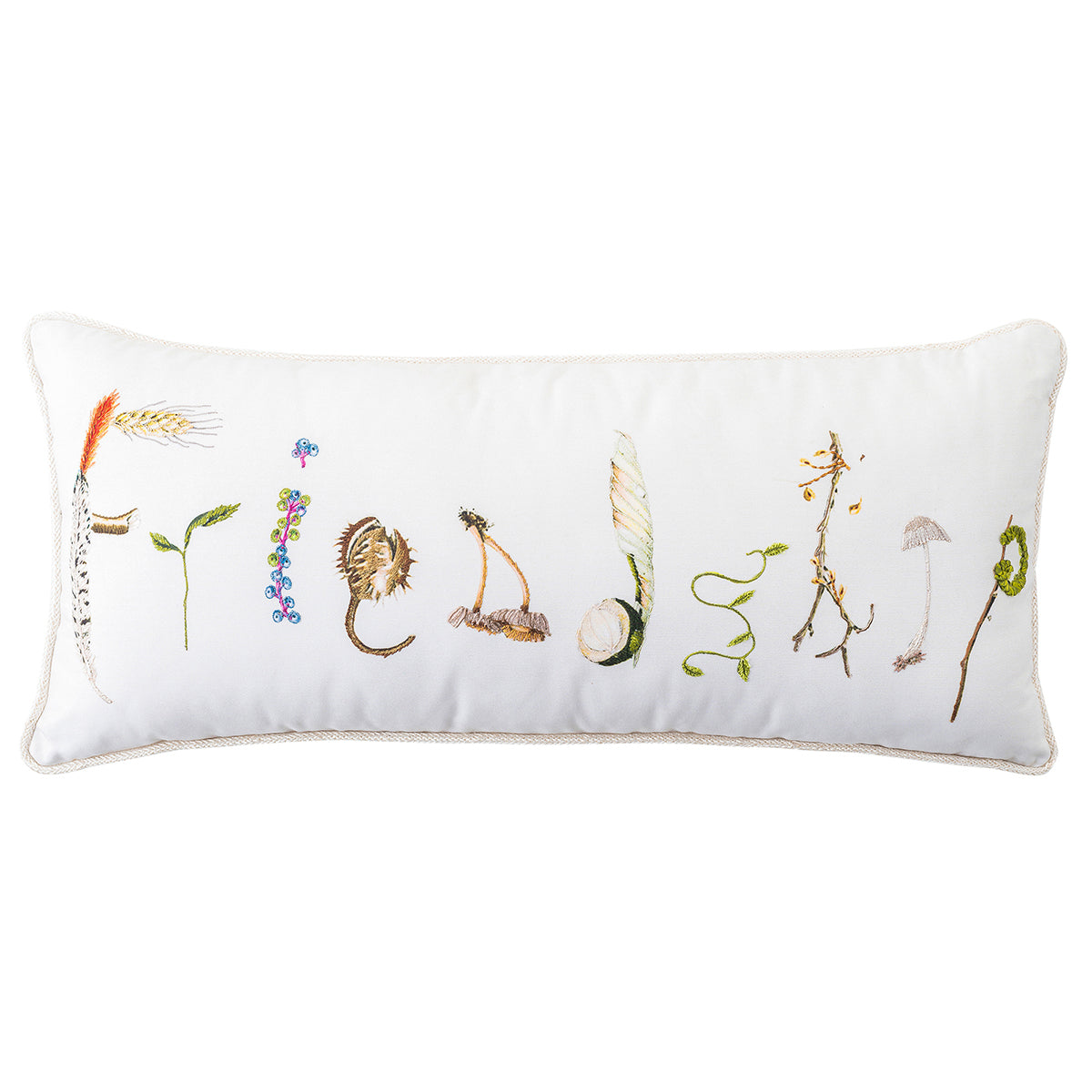 Featuring intricate embroidery to spell out one of our favorite sentiments of Friendship, our new collection of Forest Walk pillows are beautifully printed in vibrant colors and decorated with found treasures from the forest floor. Stuffed with 10% down and 90% feather fill.