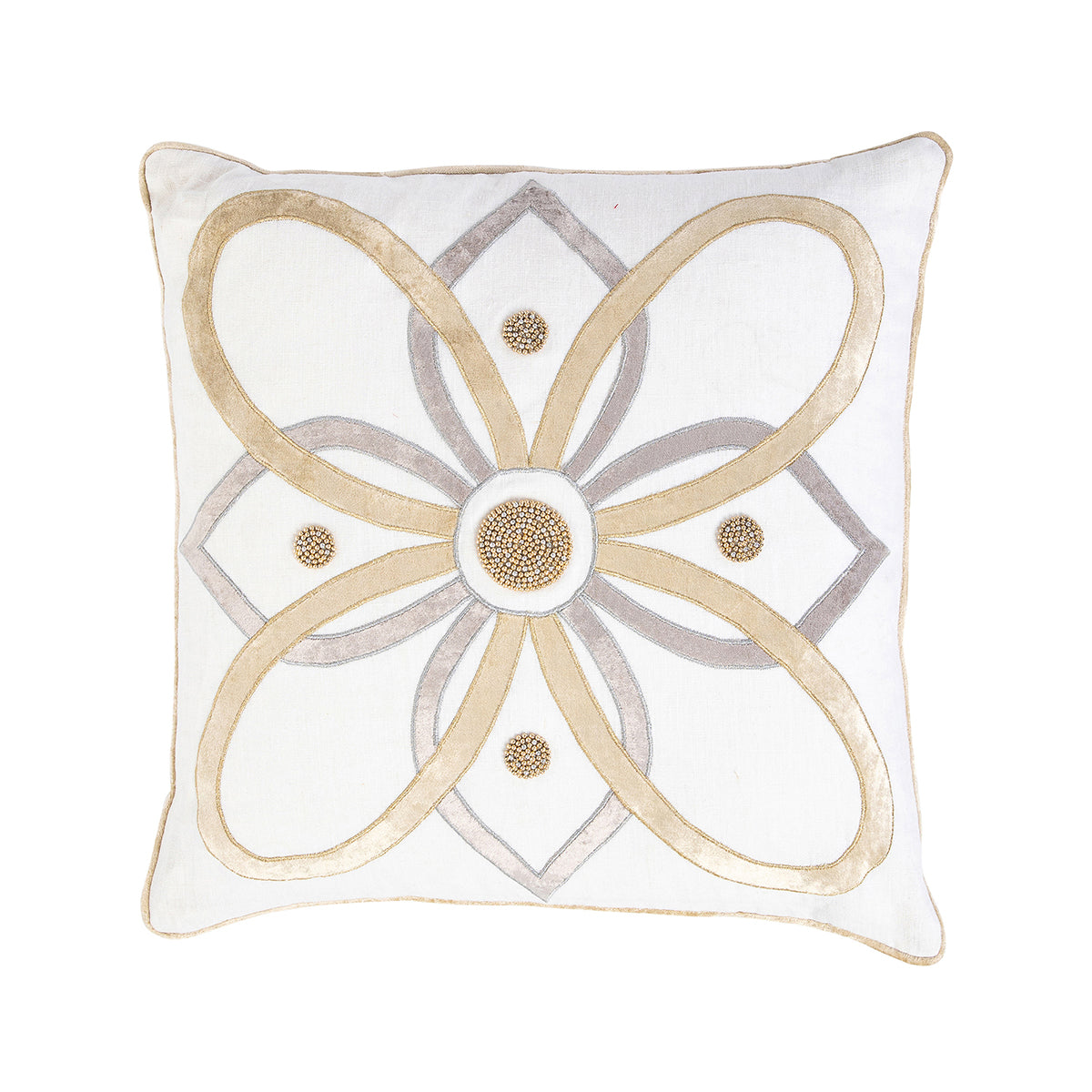 Intricately embellished with velvet applique and shimmering beads, this plush linen pillow will instantly transform your living room or guest room into a glimmering, Wintery wonderland. Filled with 10% down and 90% feather fill.