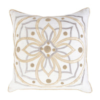 Bring in some wintery metallics to your home decor for the Holidays! Made of creamy white linen and adorned with luxurious silver and gold velvet applique, glass beads and gorgeous hand-stitched French knot detailing, this 22 inch pillow will be a regal yet relaxed addition to any couch, chair or bedroom. Filled with 10% down and 90% feather fill.