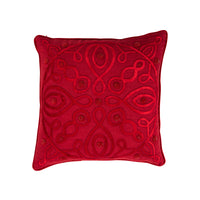 Inspired by the parterre garden design of the stunning L'Andriana garden in Italy, this festive 18-inch Ruby red pillow is made of luxurious soft linen, adorned with velvet appliqué and glass bead embellishments, and finished with hand-stitched French knot detailing. It's filled with 10% down and 90% feather fill.
